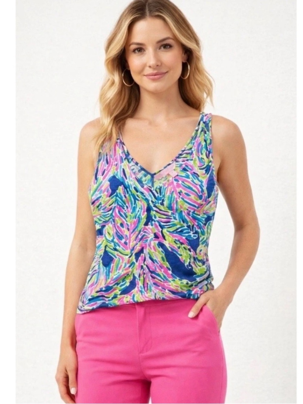 Lilly Pulitzer Women Medium Gigi Tank Top Indigo Palm Reader blue pink tropical